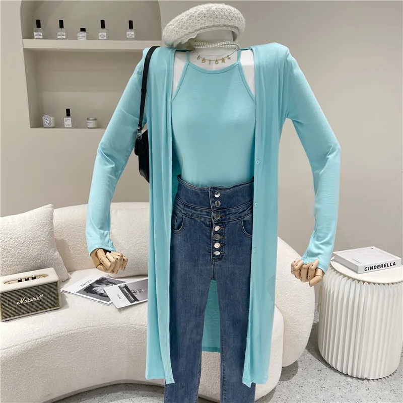 

Two piece set Women's Spring Summer 2021 Fashion Long knitted cardigan coat sunscreen + Bottom Neck sling sling vest