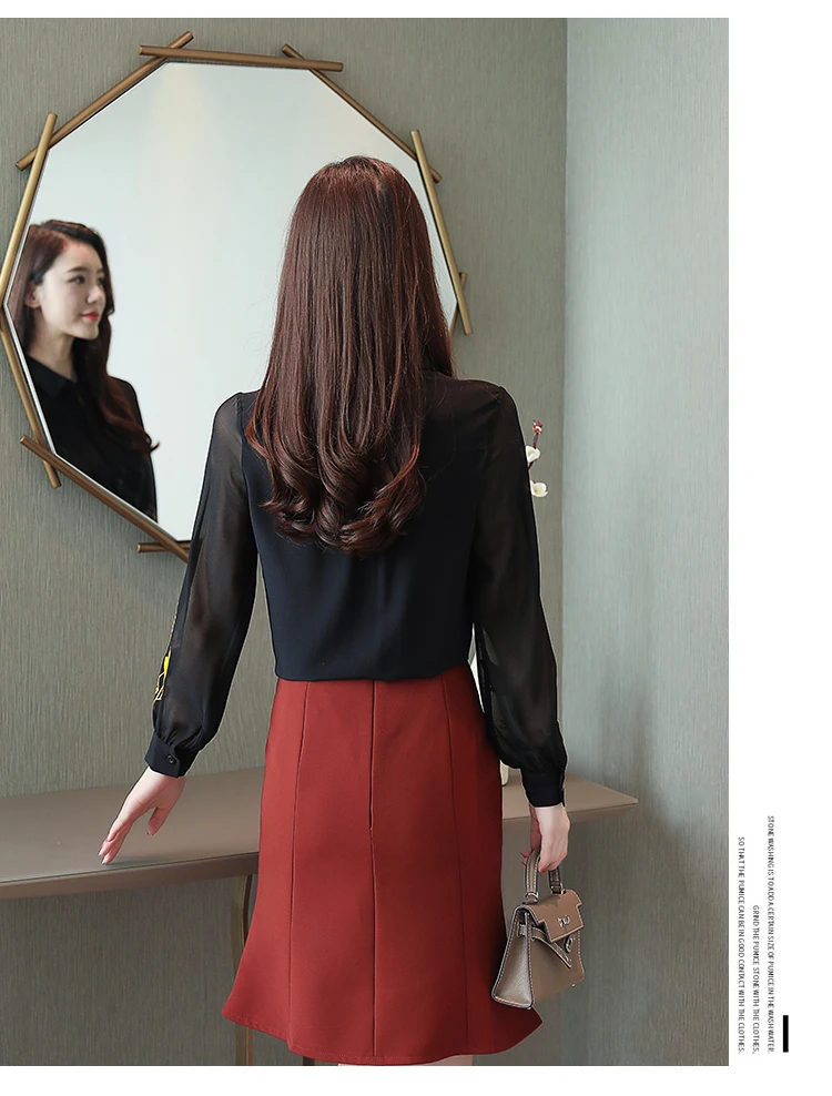 Blusas mujer de moda, шифоновая блузка на черной пуговице, однотонная блуза, женские топы с цветочной вышивкой в стиле Харадзюку, 0186