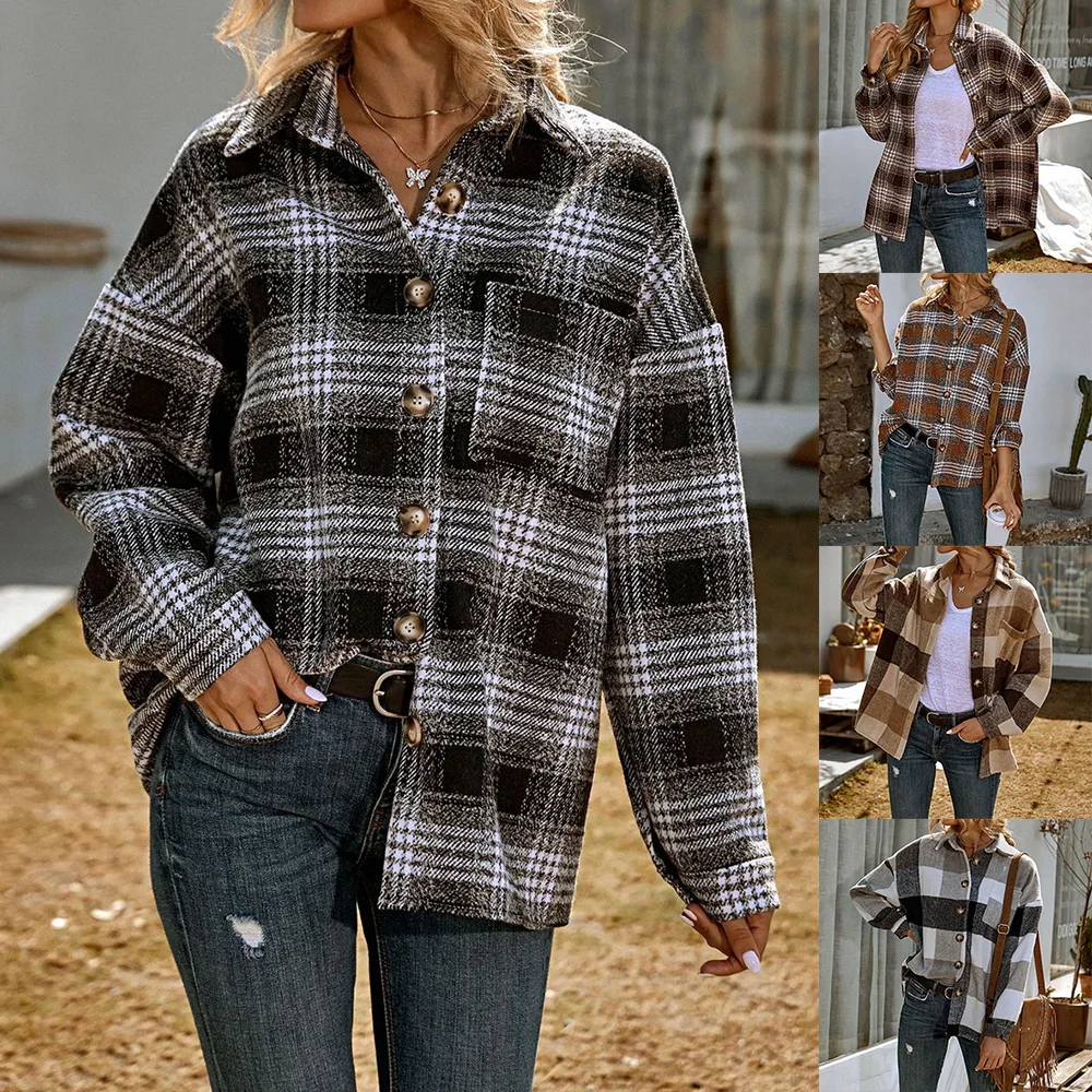 Plaid Shirt Jackets Women Coat Long Sleeve Warm Overcoat 2021 Autumn Winter Casual Loose Coats Turn Down Collar Oversized Jacket