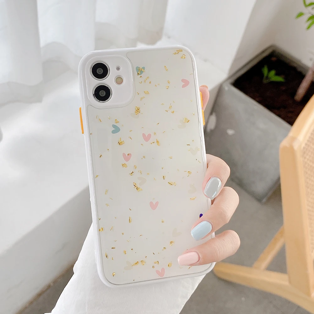 LOVECOM Cute Heart Gold Foil Phone Case For iPhone 13 12 11 Pro Max XR XS 7 8 Plus Soft Epoxy Shockproof Back Cover Coque | Мобильные