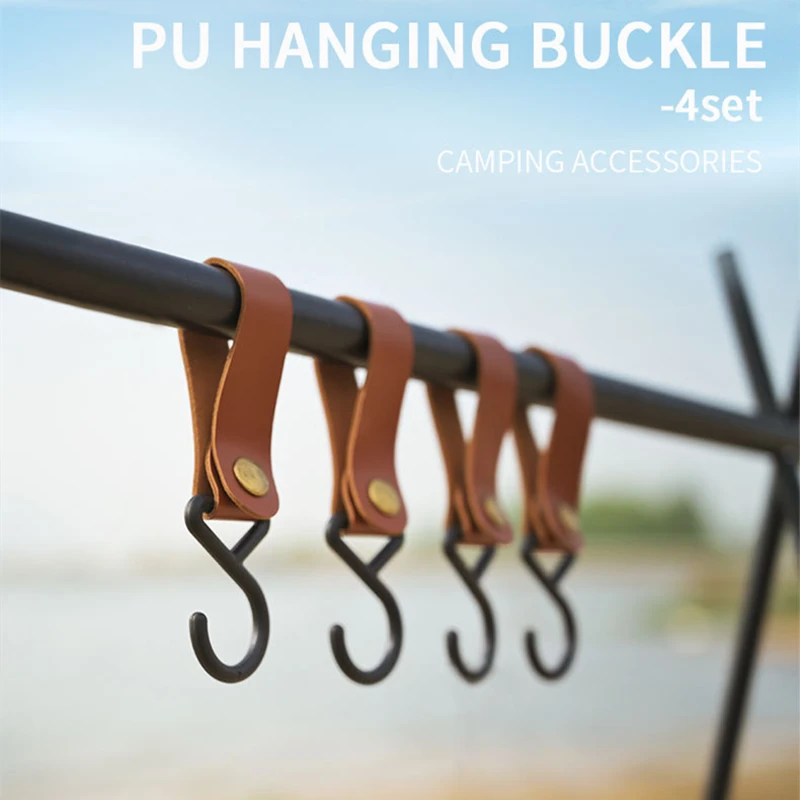 

4pcs S-Shaped Leather Hanging Hooks Camping Hanging Buckle Triangle Storage Rack Shelf Hook Portable Outdoor Camping Supplies