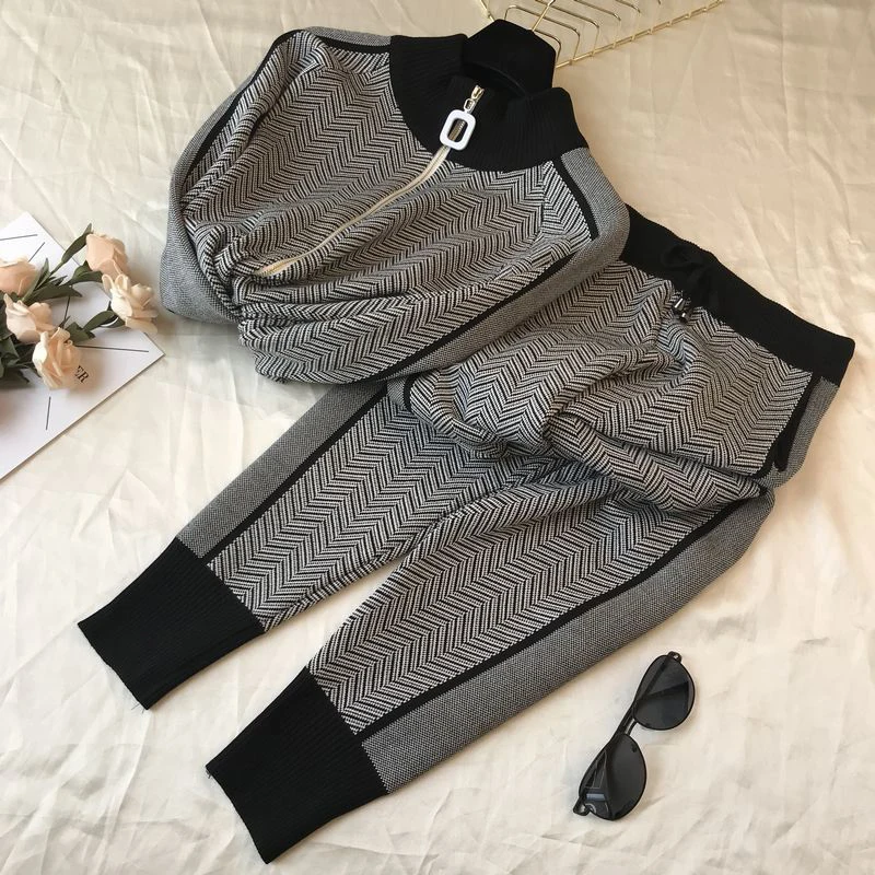 

Korean Sweater+pants Women Clothing Set Casual Body Suits Cardigan Pants Outfits Spring Plaid Two Pieces Woman Knitted Tracksuit