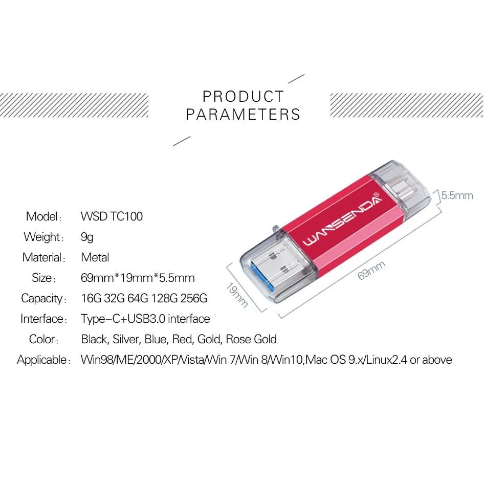 WANSENDA OTG USB флеш накопитель 2 в 1 USB3.0 & Type C 16 ГБ 32 64 Гб 128 256 высокоскоростная карта