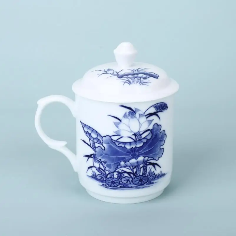 Hand Painted Blue And White Porcelain Cup With Lid Ceramic Office Thin Edge Translucent Mug Classical Oriental 330ML | Дом и сад