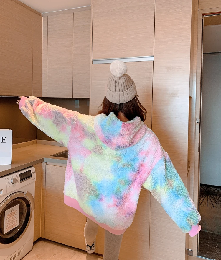 

New Winter Fashion Long Women Sweatshirt Korean Tie-dye Rainbow Pullover Female Warm and Fleece Hoodie Mujer