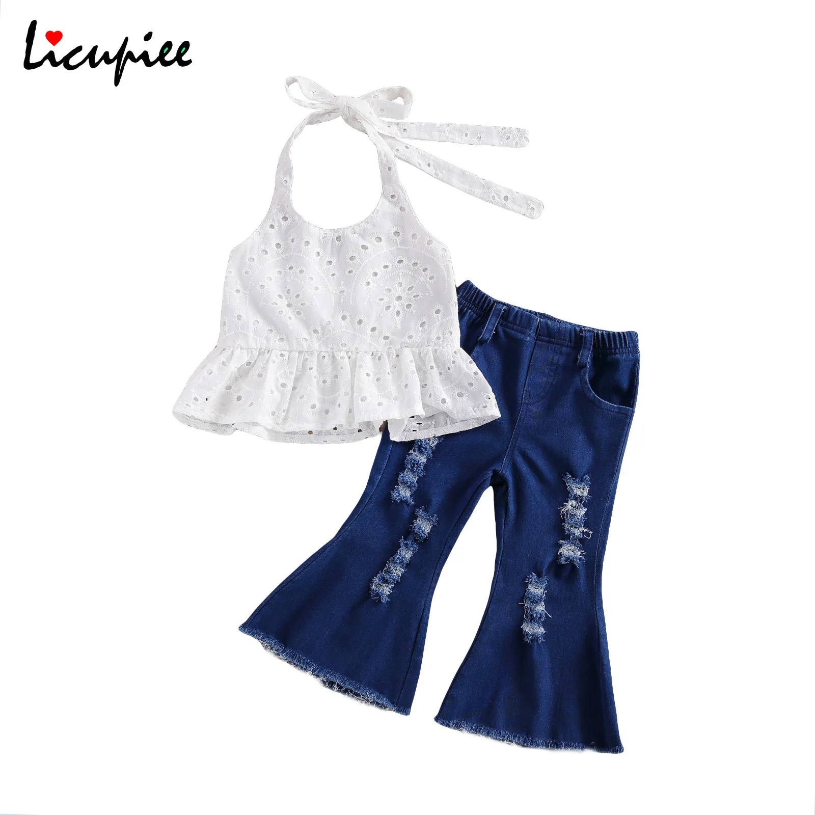 

2 Pcs Girl's Clothing Set Casual Suit Halter Sleeveless Hollowed-out Camisole Top Ripped Loose Bell-bottomed Jeans 1-6 Years