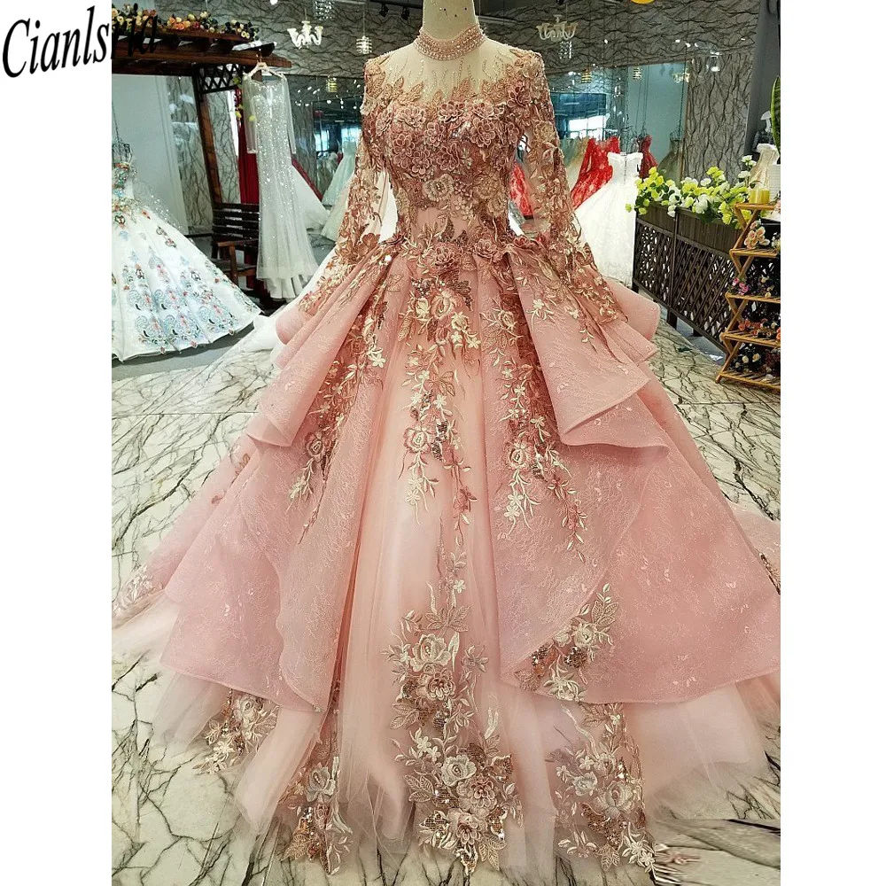 

2021 розовые платья Quinceanera с длинным рукавом и вышивкой для 15 вечевечерние Золушка платье на день рождения милое 16 платье