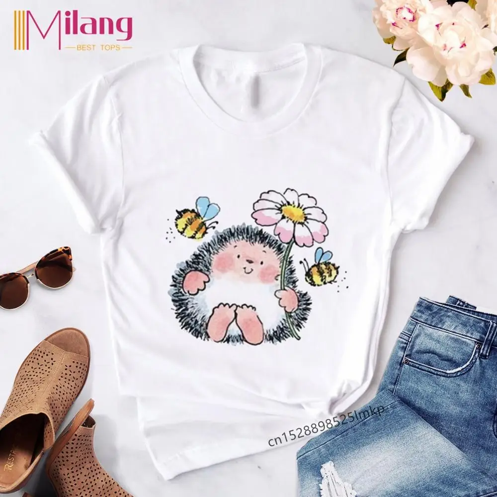 Женская футболка с принтом ежика и одуванчика свободная круглым вырезом Прямая