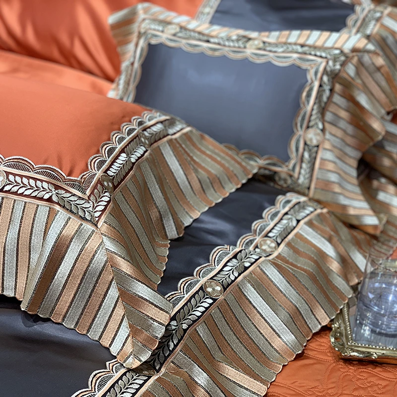 

Luxury Orange Yellow Egyptian Cotton Gold Lace Edge Palace Bedding Set Silky Duvet Cover Set Bedspread Or Bed Sheet Pillowcases