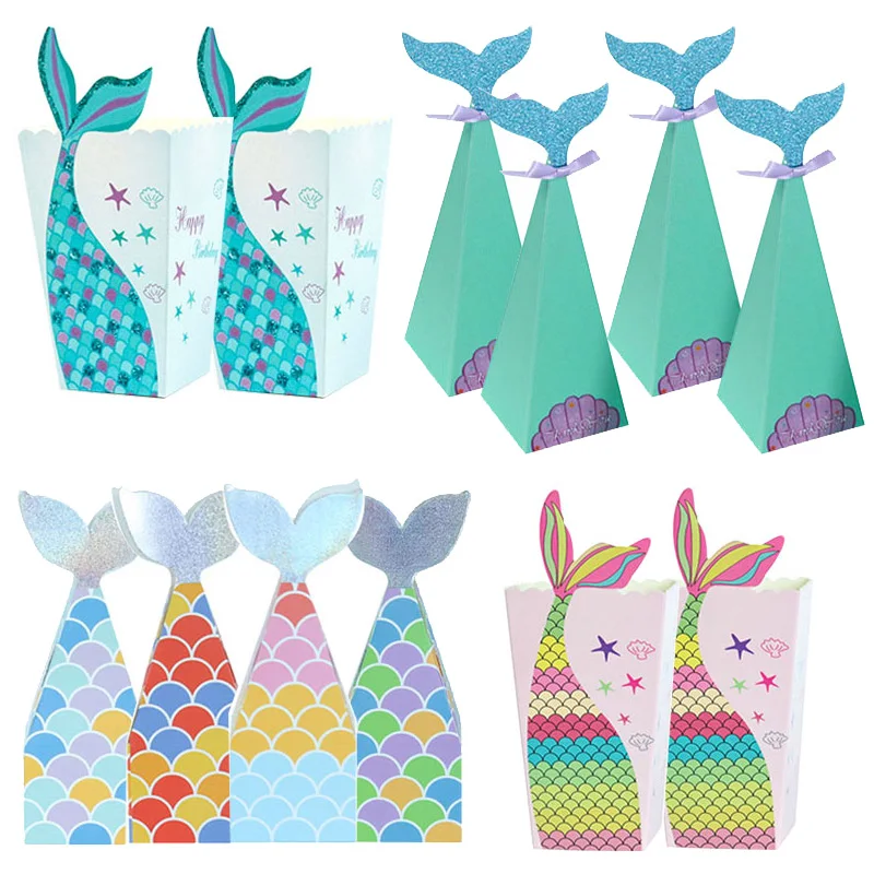

10pcs Mermaid Paper Popcorn Box Mermaid Tail Candy Gift Boxes Mermaid Party Favors Baby Shower Birthday Wedding Decorations
