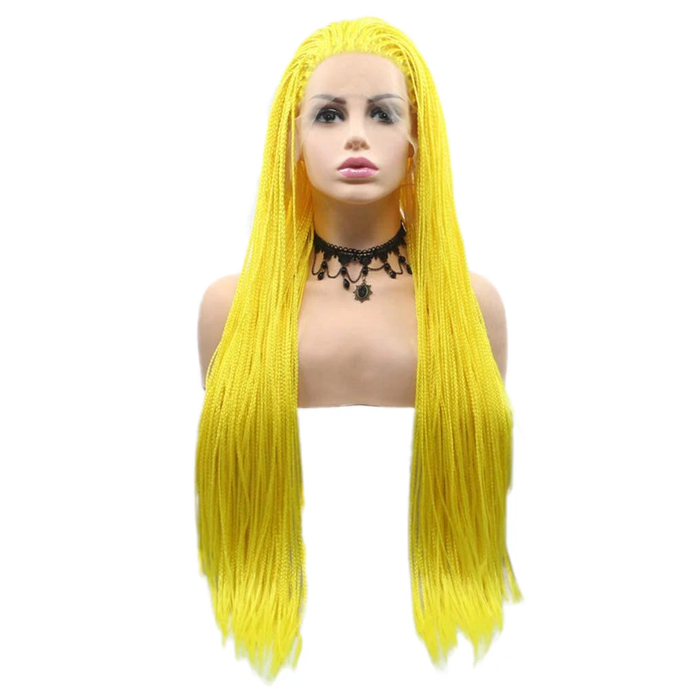 Yellow Braided Synthetic Lace Front Wigs Suitable For Party 24 Inches Heat Resistant Fiber Hairs For Women