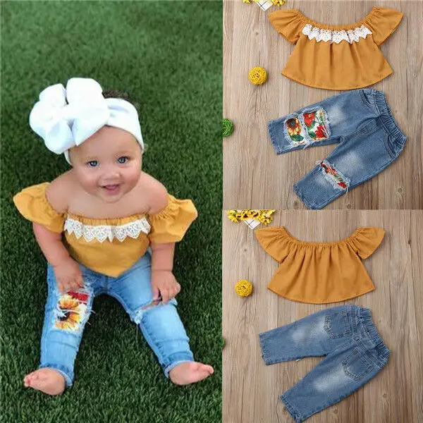 Детский джинсовый костюм с открытыми плечами кружевной топ и штаны цветочным