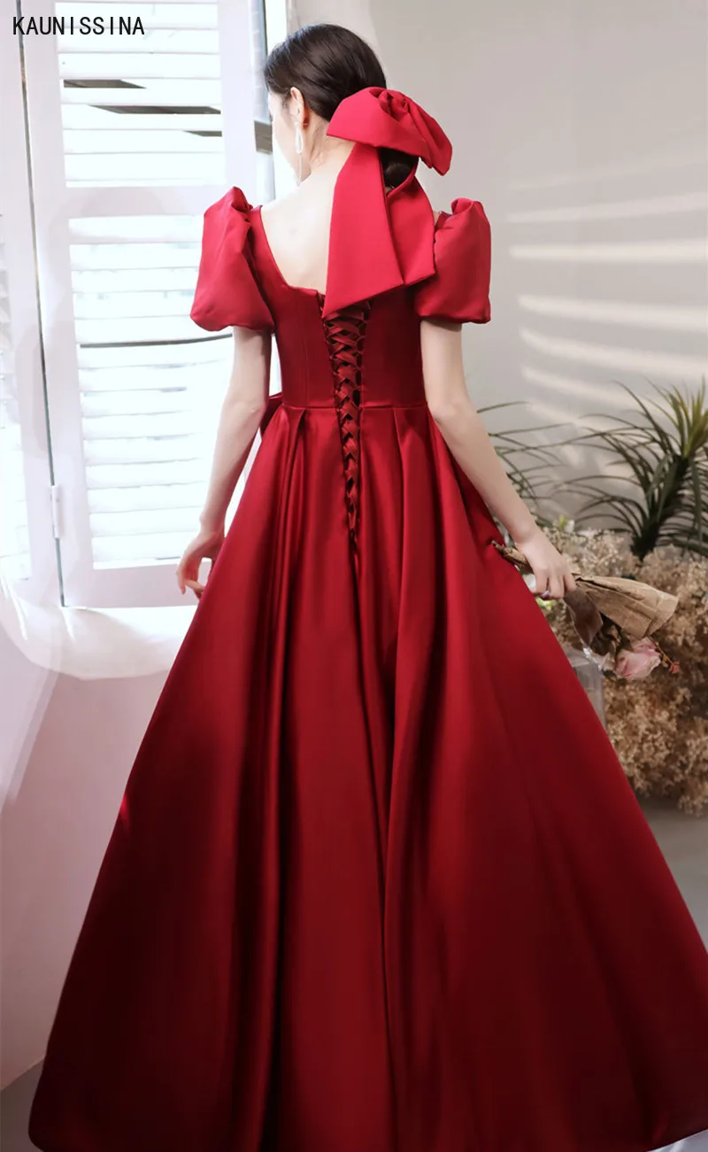 

KAUNISSINA Square Collar Evening Dresses Puff Sleeve Bow A-Line Formal Gowns Women Elegant Pleat Ankle Length Party Vestidos