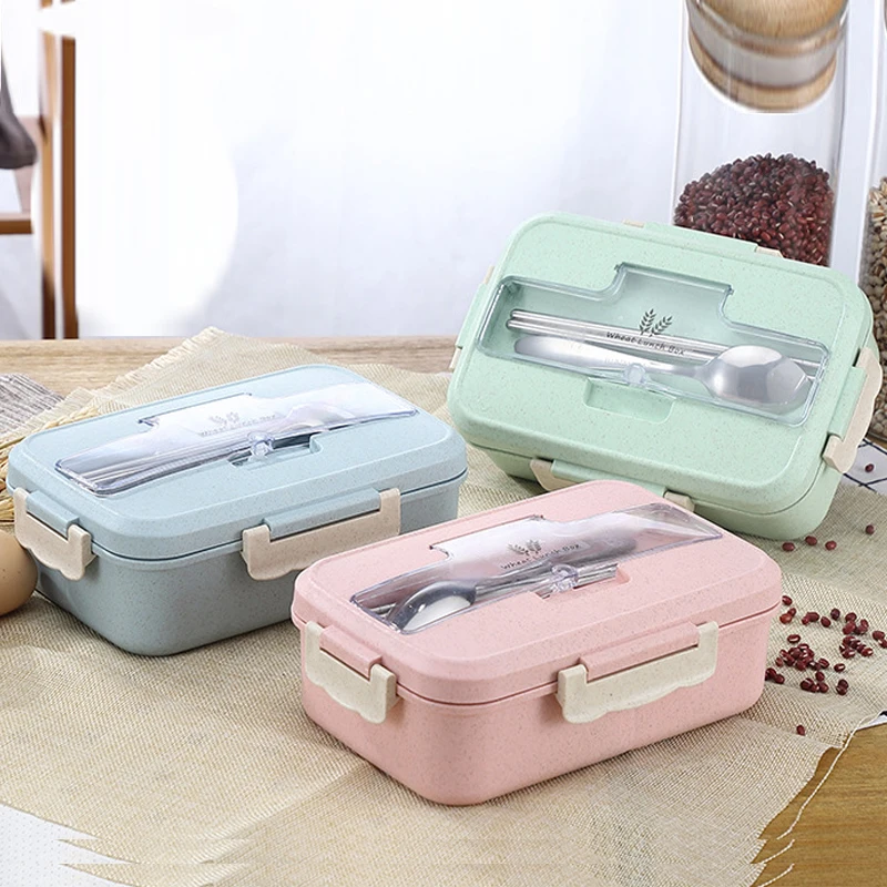 

Children Kids School Office Bento Box Microwave Lunch Box Wheat Straw Dinnerware with Spoon Chopsticks