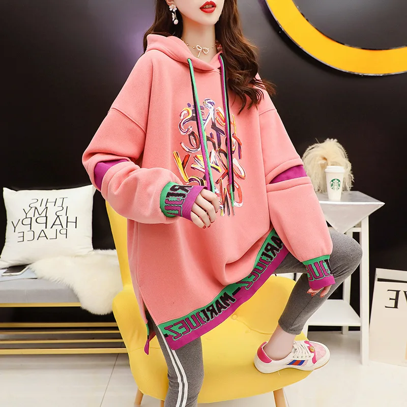 

QRWR 2020 Korean Hoodies Autumn Winter Casual Thick Fleece Personality Pullovers Fashion Loose Patchwork Sweatshirts Women