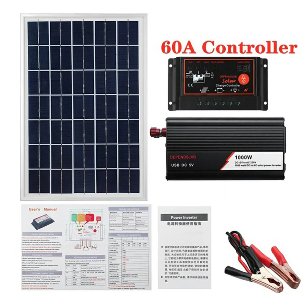 

Solar Panel System 18V 20W Solar Panel Battery Charge Controller Solar Inverter Kit Complete Power Generation 60A