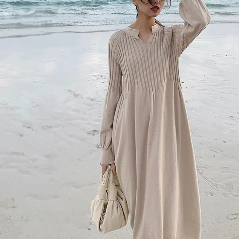 

Lamtrip Unique Best Quality 2021 Autumn Winter Retro French Girl Chic Knitting V-Neck Long Sleeve Basic Dress Mori Girl