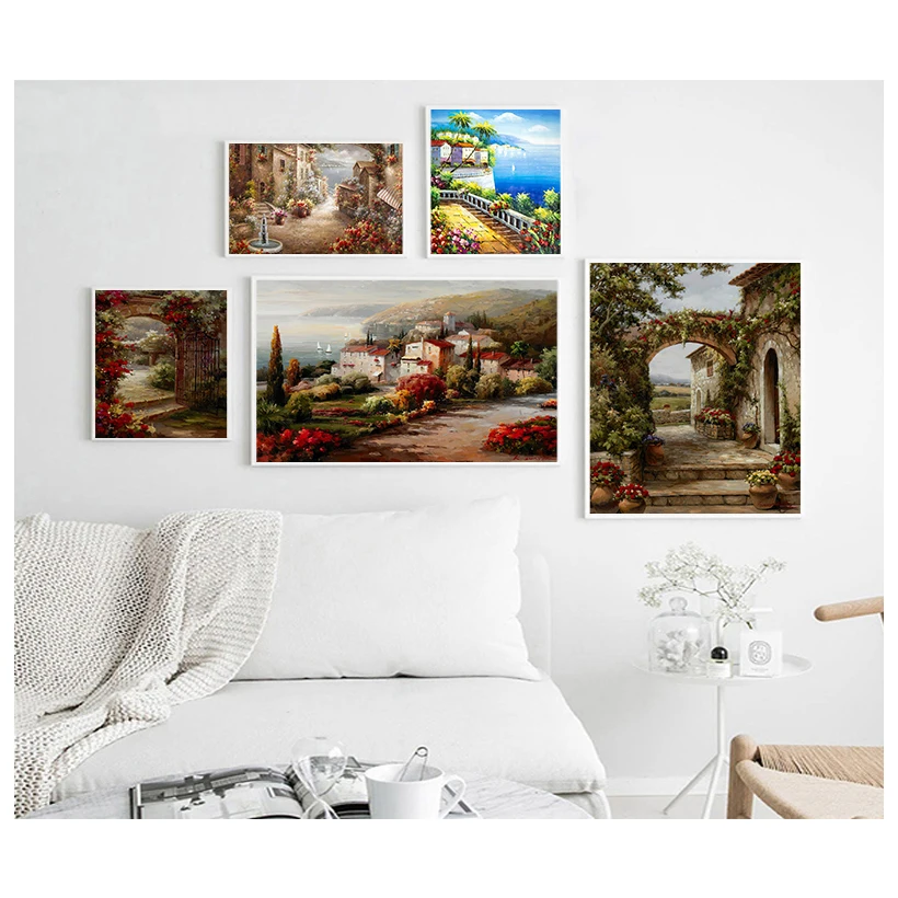 

Poster and Prints Abstract Mediterranean Sea Garden Landscape Oil Painting on Canvas Wall Picture for Living Room Decor