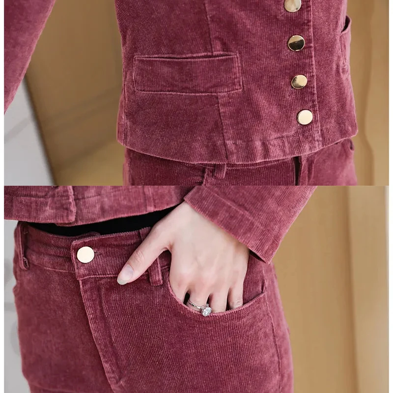

Vintage Corduroy 2 Piece Sets For Women Casual Long sleeve Slim Jacket And Flared Trousers Female Outfit Office Lady Chic Suits
