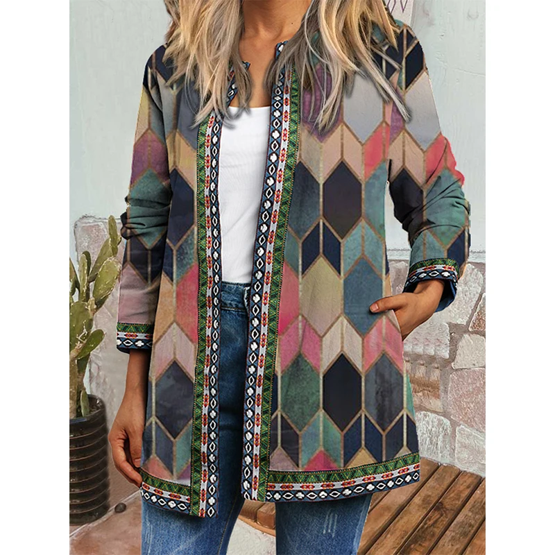 

Autumn and Winter Ethnic Flower Printed Long Sleeve Loose Jacket Women Coat Cardigan with Pocket on The Front Winter Coat Women