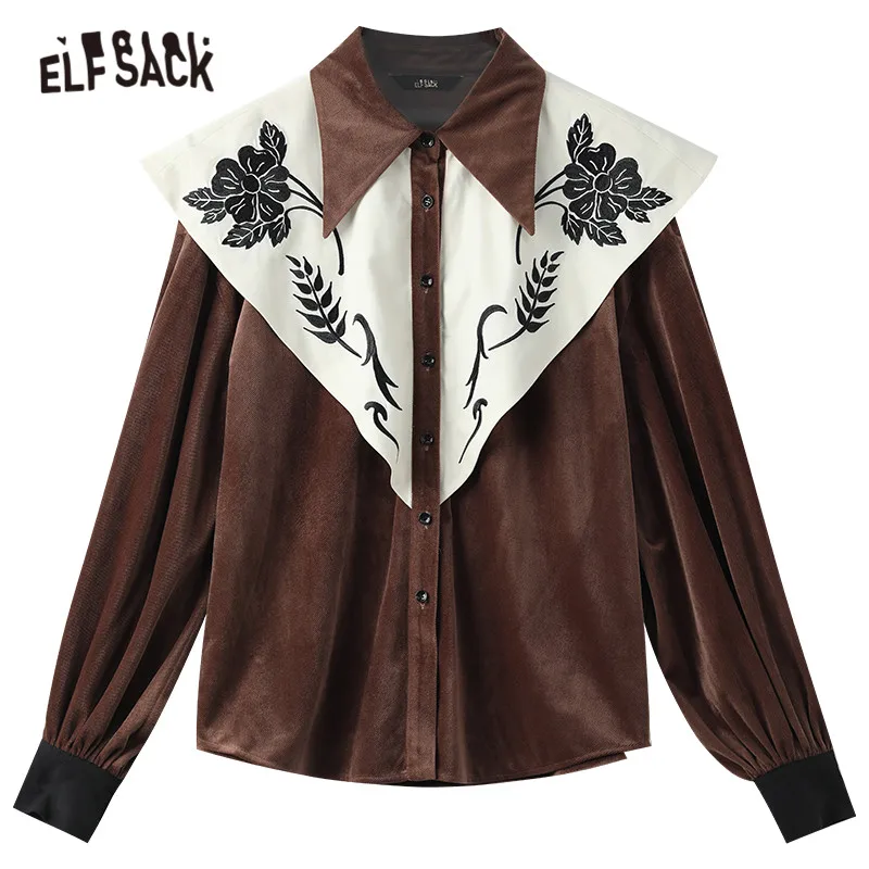 

ELFSACK Floral Embroidery Single Breasted Casual Shirt Women,2021 Spring Vintage Big Collar Full Sleeve,Girly Daily Corduroy Top