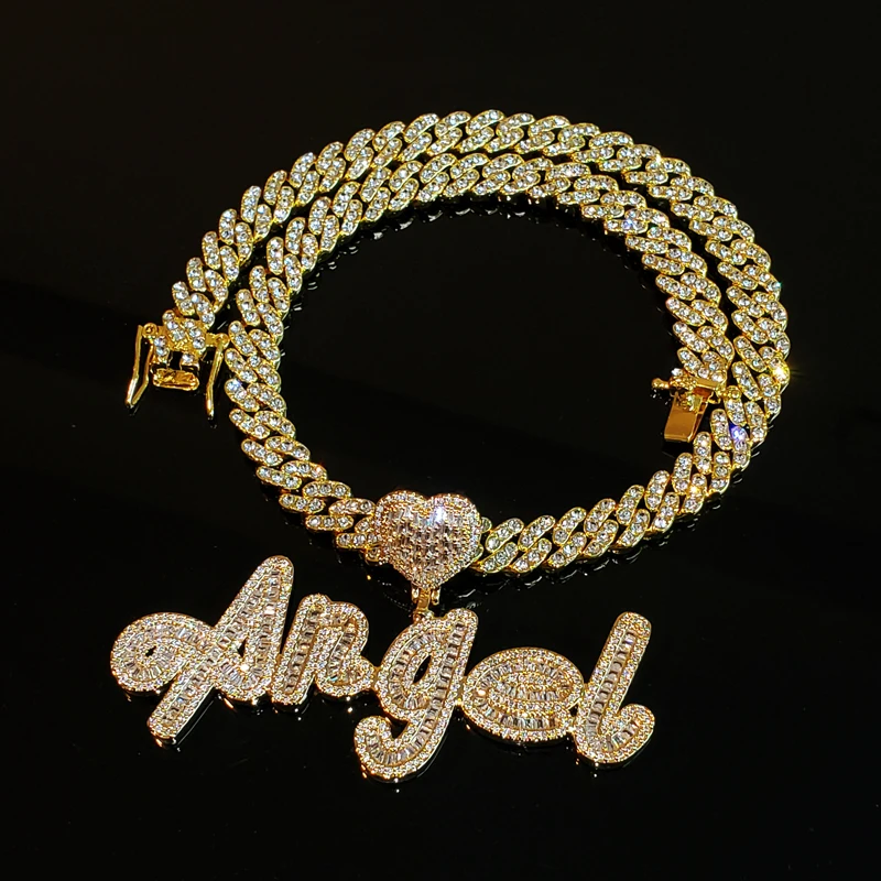 Grandbling Custom Name Necklace with Heart Rhinestone Cuban Chain Word Necklace Iced Out CZ Personalized Hiphop Jewelry