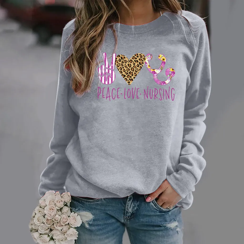 

Women Hoodie Peace Love Nursing Printed Hoodies Women Fleece Long Sleeve O Neck Loose Sweatshirt Girls Pullovers Autumn Winter