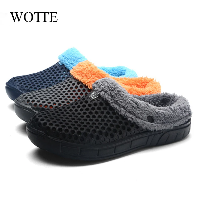 

Winter Men Slippers Warm Memory Foam Suede Shoe Plush Shearling Lined Slip on Indoor Outdoor Clog House Slippers Big Size 35-45