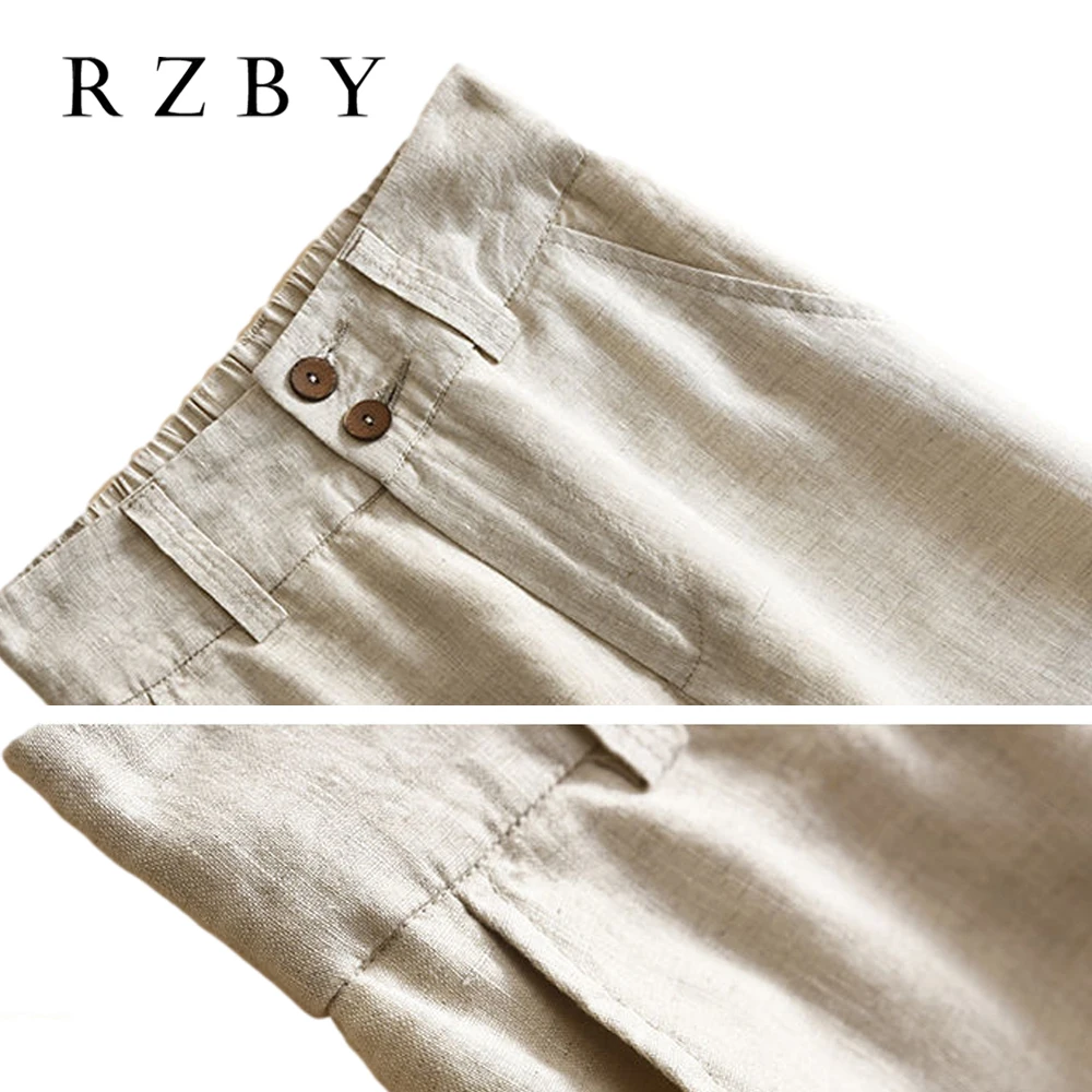 Брюки женские прямые с карманами модные повседневные длинные льняные свободные