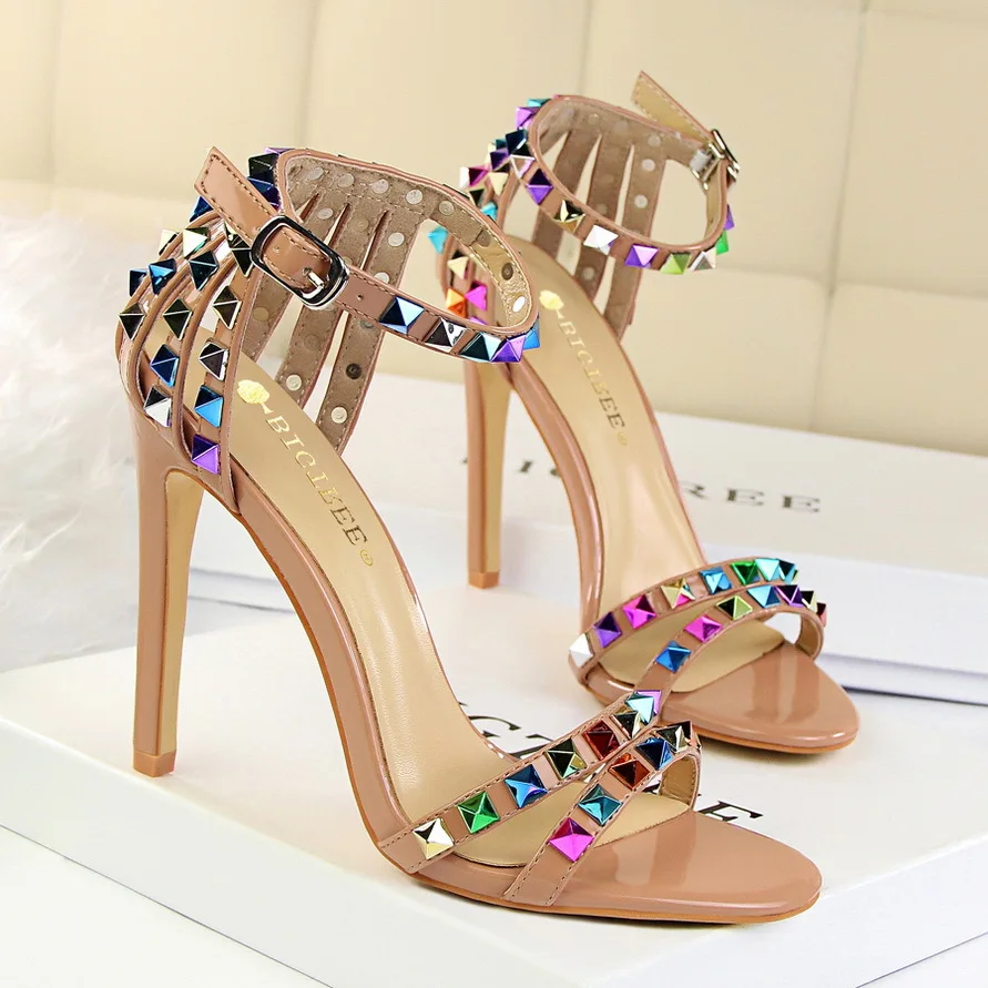 

Beige Heeled Sandals Female Shoe Buckle Strap Open Toe Black High Stiletto Studded Multicolored Girls Peep Comfort Fashion Rome