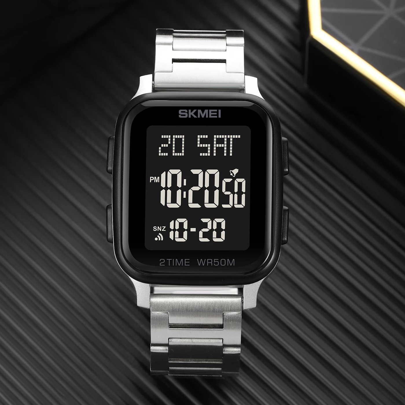 SKMEI Curved Mirror Design Square Electronic Watch New Stainless Steel Led Digital Male Wristwatch Waterproof Watch Men images - 6