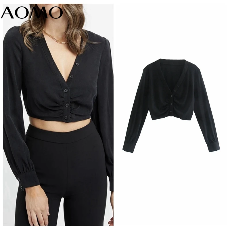 

Женская винтажная короткая футболка AOMO, футболки с длинным рукавом и V-образным вырезом, женская повседневная одежда, топ 8M23A