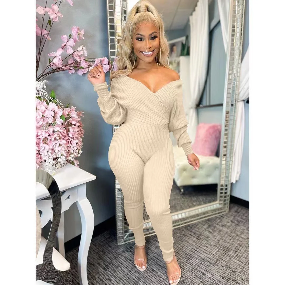 

Sexy V-neck Off Shoulder Thread Slim Fit Solid Jumpsuit