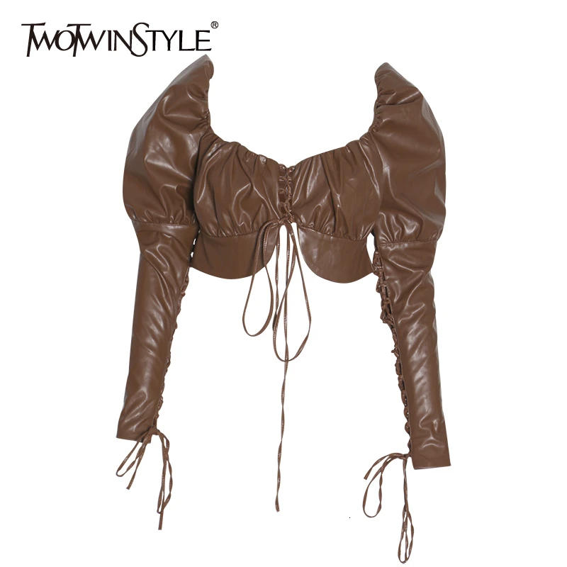 TWOTWINSTYLE шапка из искусственной кои = жи Для женщин рубашка с квадратным воротником с буфами на рукавах облегаемая, пикантная, для вечеринок рубашки для женщин; сезон осень; модная новинка