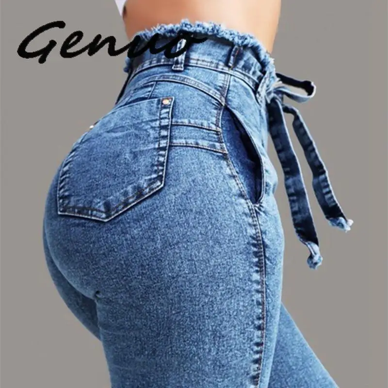 

High Waist Jeans For Women Slim Stretch Denim Jean Bodycon Tassel Belt Bandage Skinny Push Up Mom Jeans Ladies Boyfriend Jeans