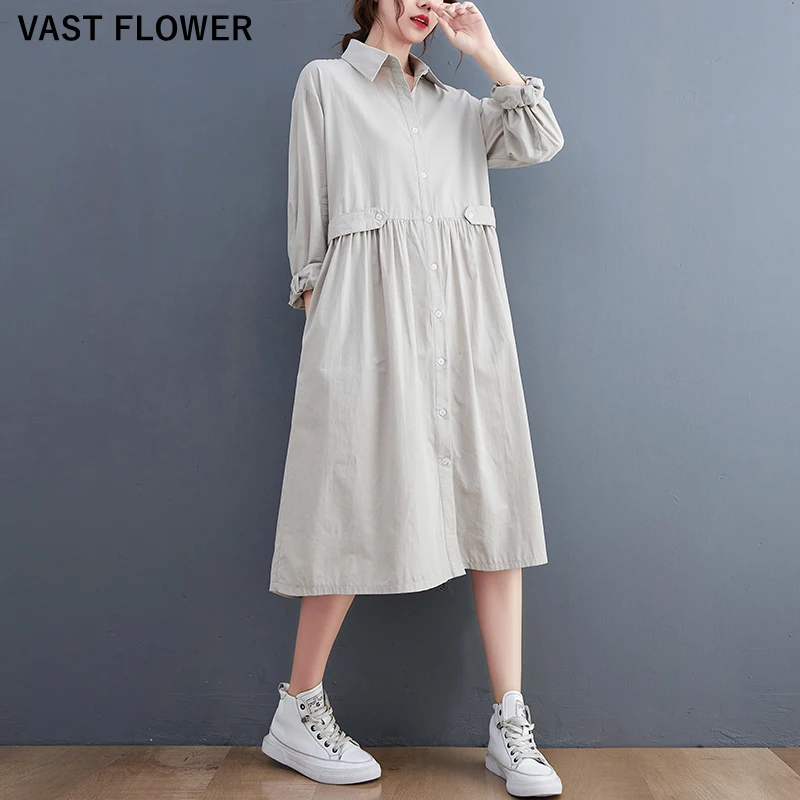 

Cotton Vintage Dresses For Women New Long Sleeve Loose Casual Pleated Shirt Dress Fashion Elegant Clothes Spring Autumn 2021
