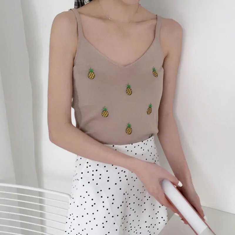 Женский милый тонкий трикотажный топ с вышивкой фруктов топы без рукавов