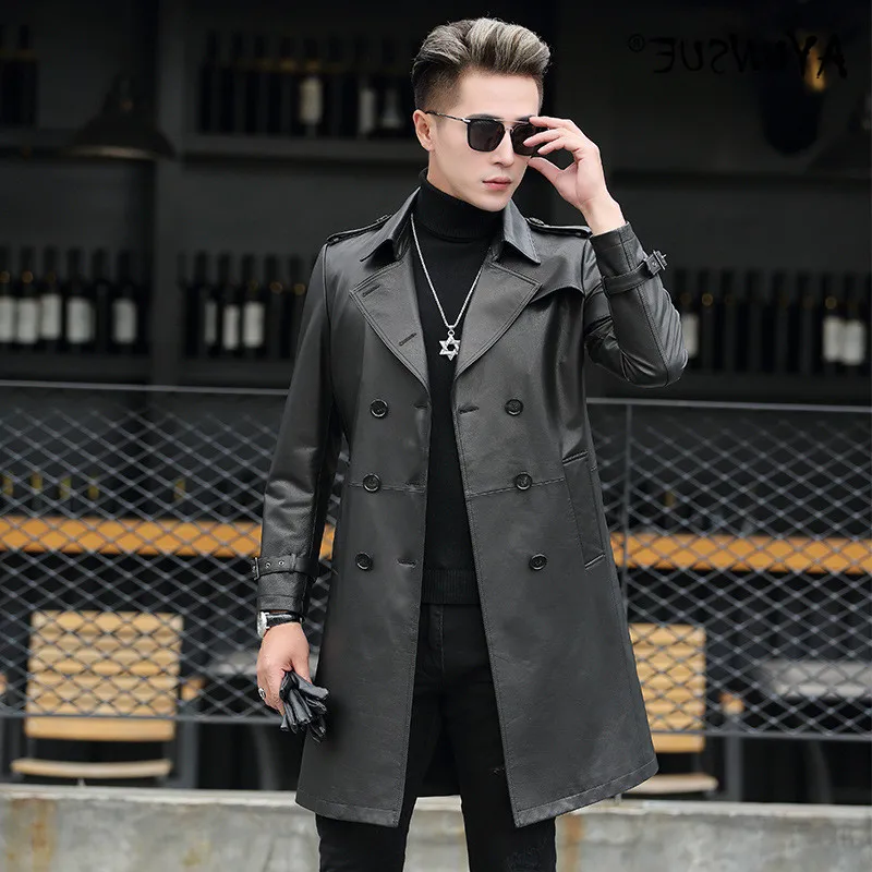 

Мужская кожаная куртка, длинное пальто, ветрозащитная, 91x99002y229