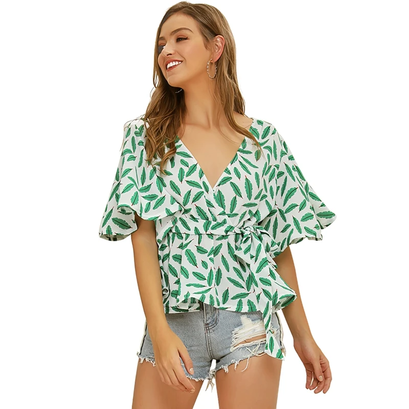 Женская блузка с завязками спереди Повседневная летняя в стиле бохо v образным