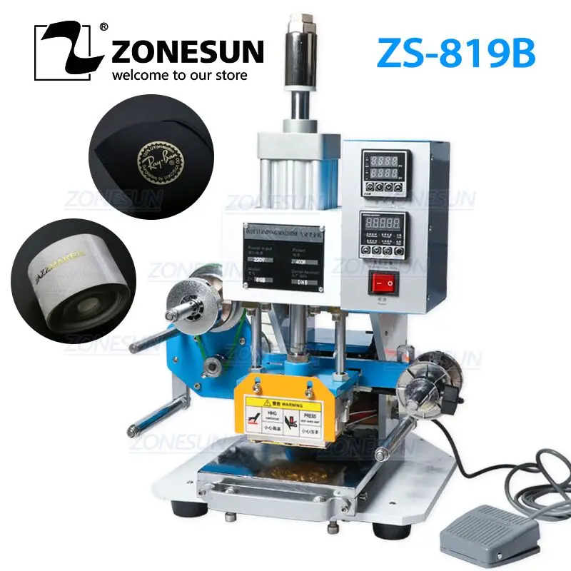 

ZONESUN ZS-819B 80*90mm Hot Foil Pneumatic Stamping Press Printer for Leather Paper Customized Printable Area Embossing machine