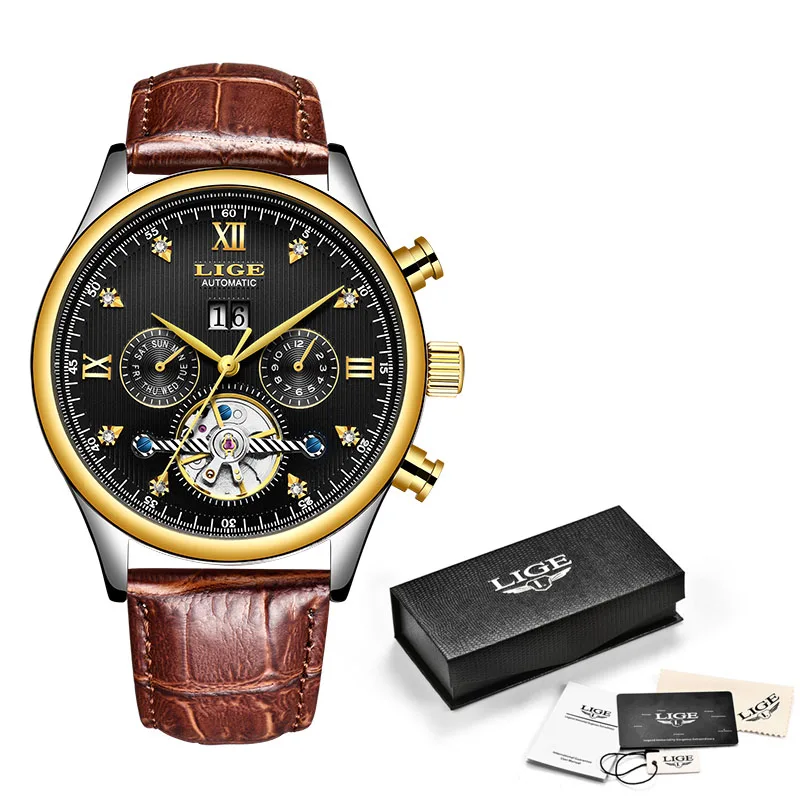 Rose Gold black L LIGE, новинка, мужские часы, Топ бренд, Роскошные автоматические механические роскошные часы, мужские спортивные наручные часы, s Reloj Hombre Tourbillon - Цвет: Rose Gold black L