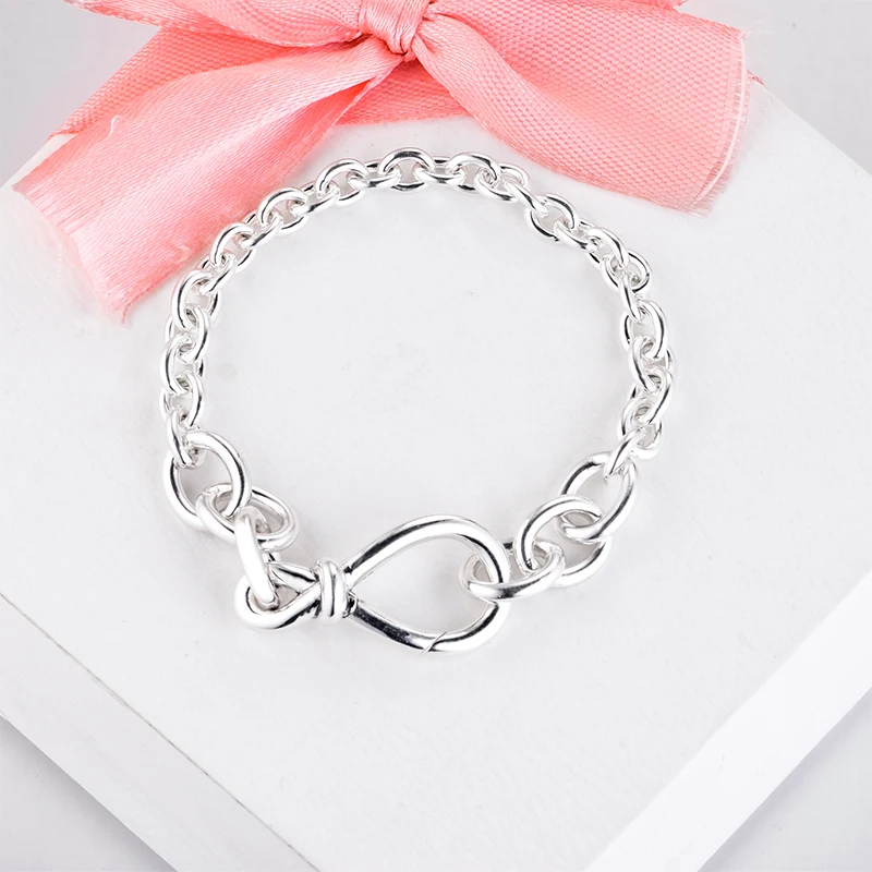 

925 Sterling Silver Mother's Day Chunky Infinity Knot Link Chain Bracelet For Women Fit European Pandora Charm Beads Jewelry