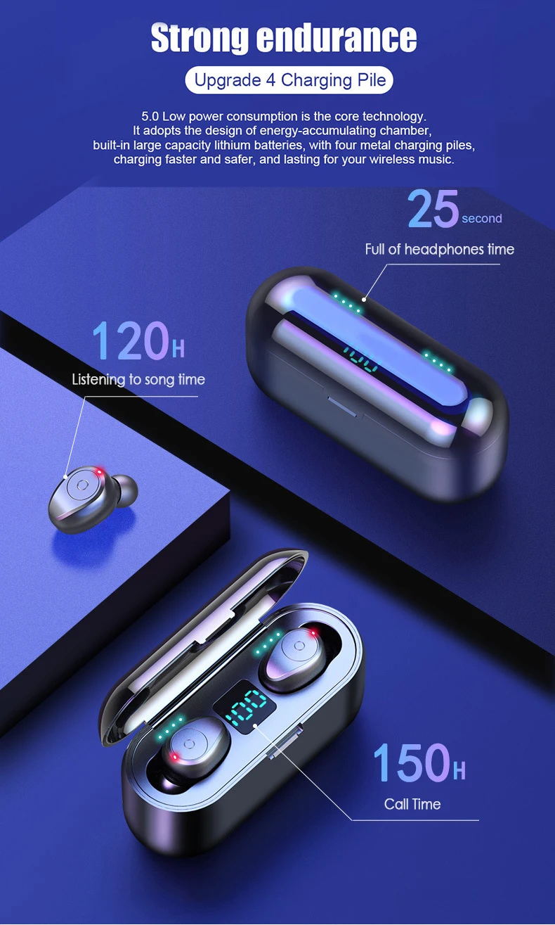 Wireless Earphone Bluetooth 5.0 LED Display F9 TWS Sport Waterproof Headphone Earbud 8D Stereo Headset With Power Bank Dropship