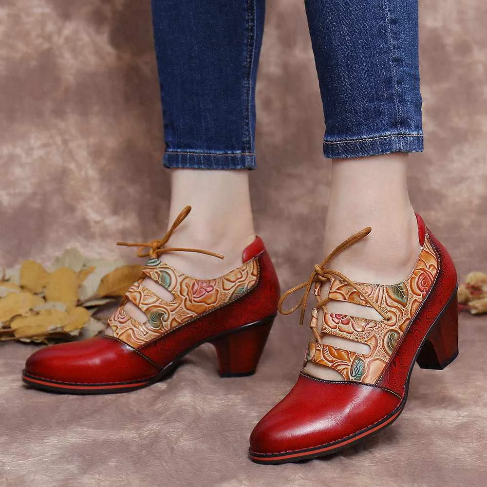 

SOCOFY Retro Leather Punps Designer Embossed Flowers Splicing Cut out Lace-up Chunky Heel Pumps Dress Shoes Botas Mujer 2020