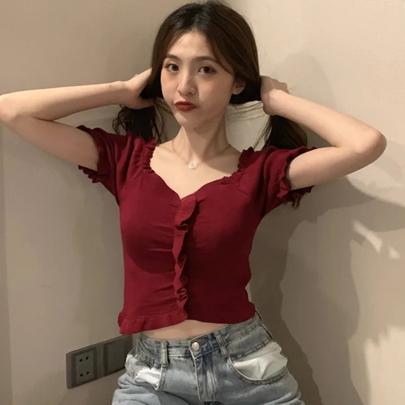 

Summer Women Tops Solid Color Short Sleeved V Neck Slim Fashion Knitted Tops Ruffles Basic Sweet Wild Tops dropshipping