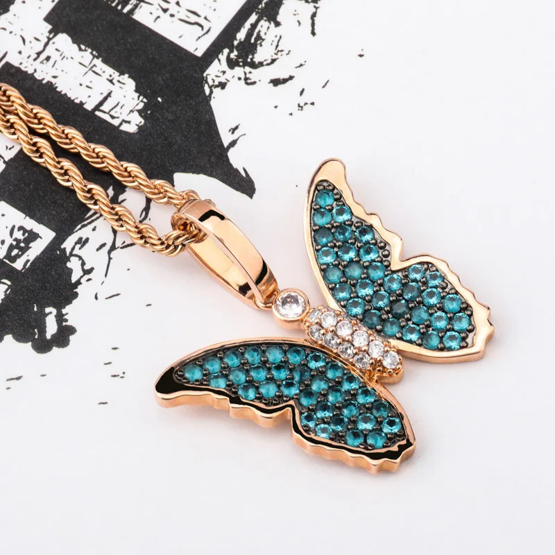 

Small butterfly full zircon pendant hipster Hip hop gold plating solid necklace
