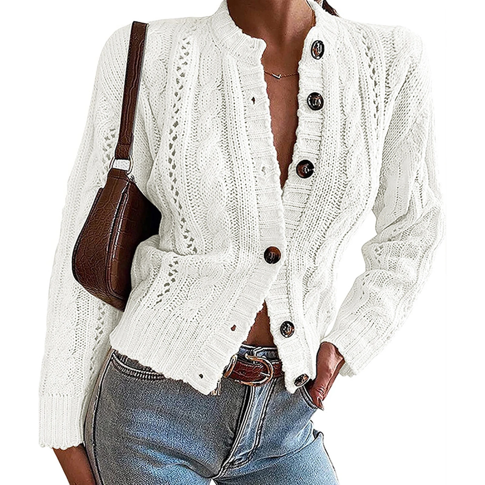 

Spring and Autumn Women's Solid Color Sweater Cardigan with Twisted Knit Buttons Simple Casual Style