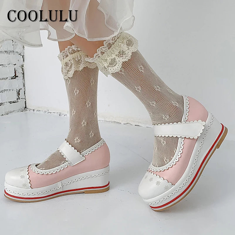 

COOLULU High Heels Platform Wedges Heel Women Shoes Round Toe Dress Pumps Flower Female Footwear 2021 Spring Beige Plus Size 48