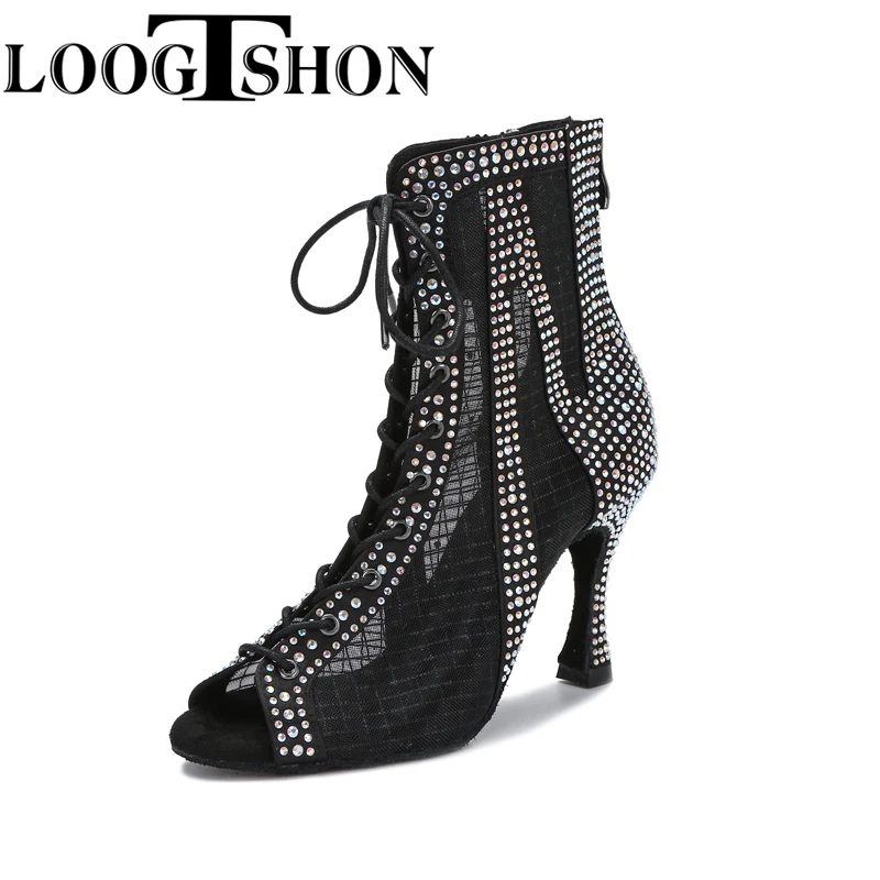 Loogtshon Women Latin Dance Shoes Skin Satin Shining Big small rhinestone dancing shoes Flare heel 9cm Narrow foot Adjust width