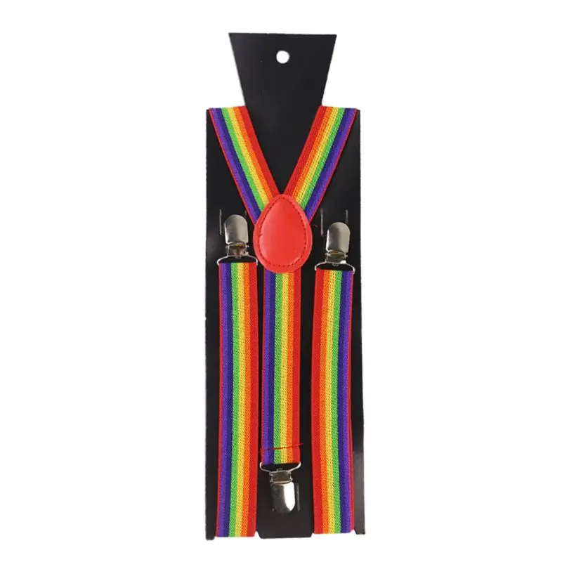 

Men Women Wide Adjustable Straps Y-Back Suspenders Rainbow Colorful Vertical Striped Elastic Belt with Metal Clips Ju18 21